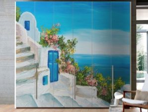 Σπίτι κοντά στη θάλασσα με πολύχρωμα λουλούδια, Ελλάδα, Αυτοκόλλητα ντουλάπας, 100 x 100 εκ.